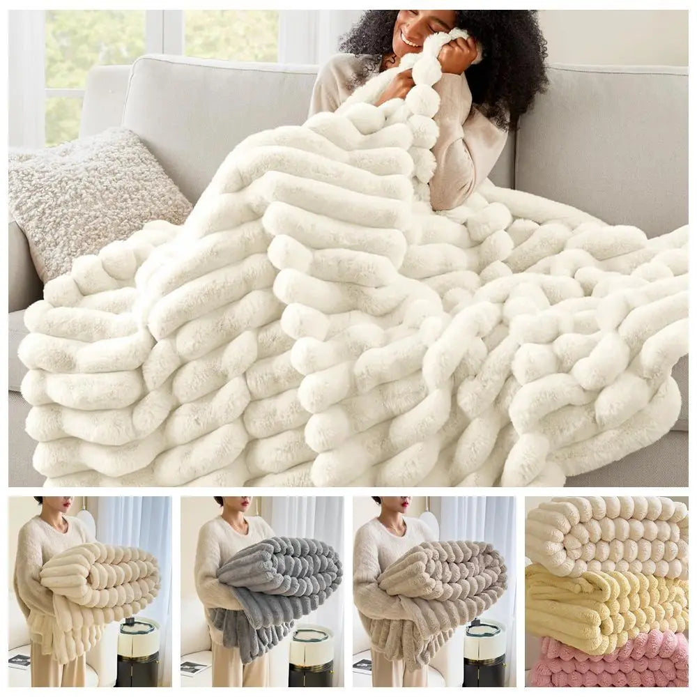 Plush Faux Rabbit Fur Throw - Luxurious Striped Blanket Decor