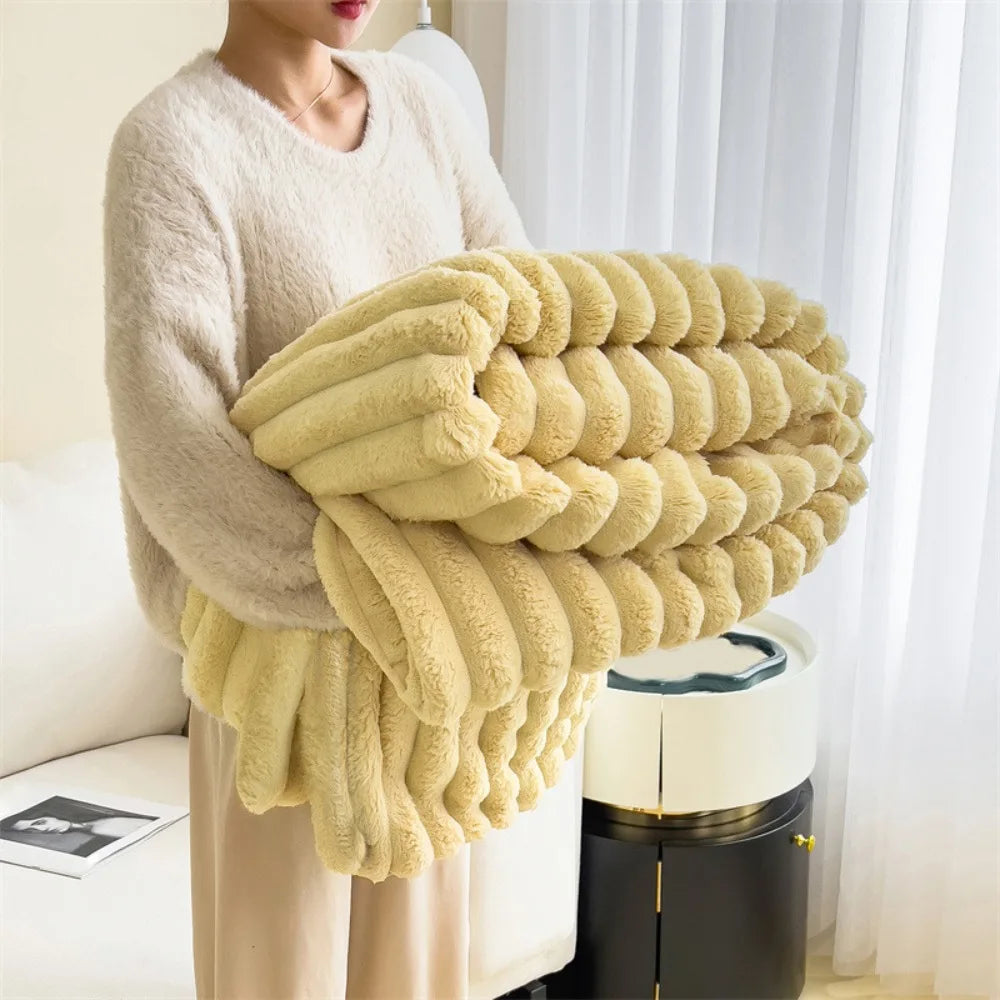 Plush Faux Rabbit Fur Throw - Luxurious Striped Blanket Decor