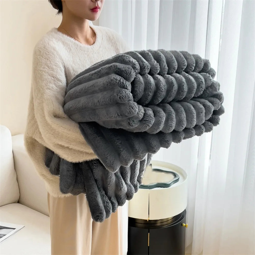 Plush Faux Rabbit Fur Throw - Luxurious Striped Blanket Decor