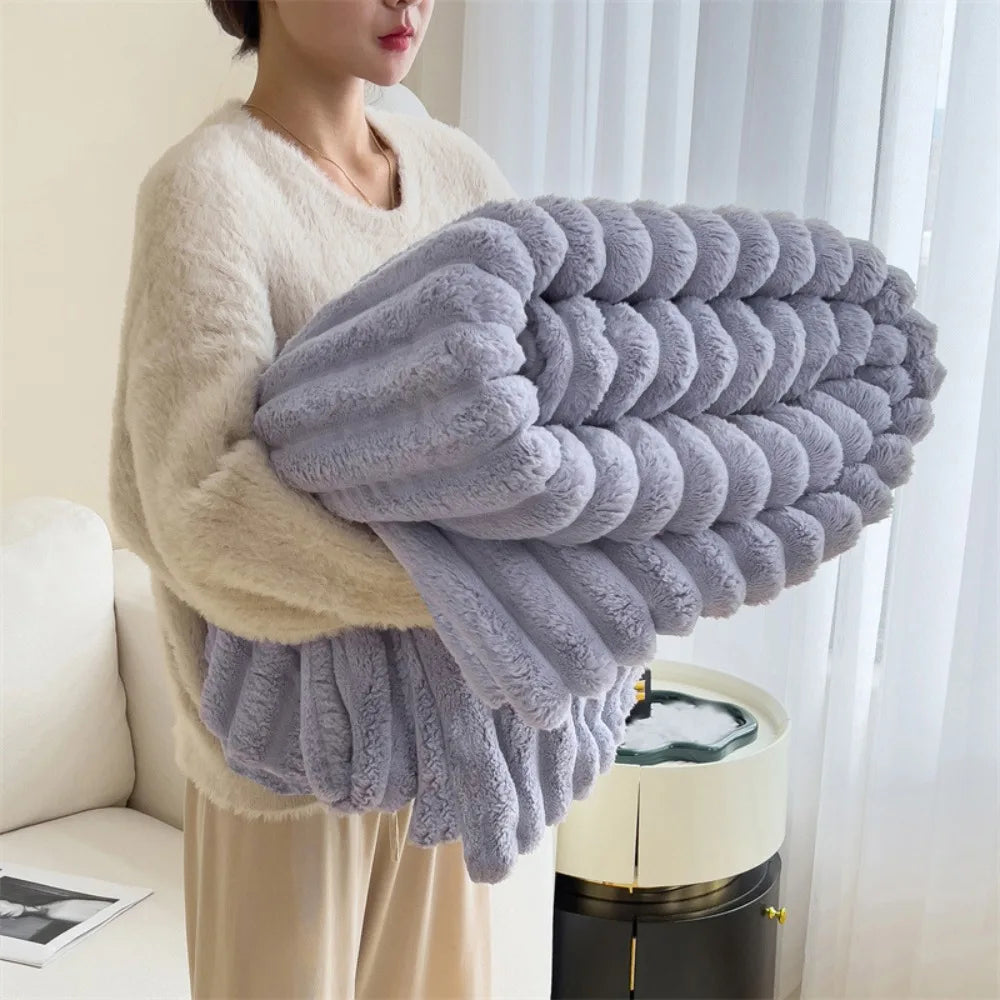 Plush Faux Rabbit Fur Throw - Luxurious Striped Blanket Decor