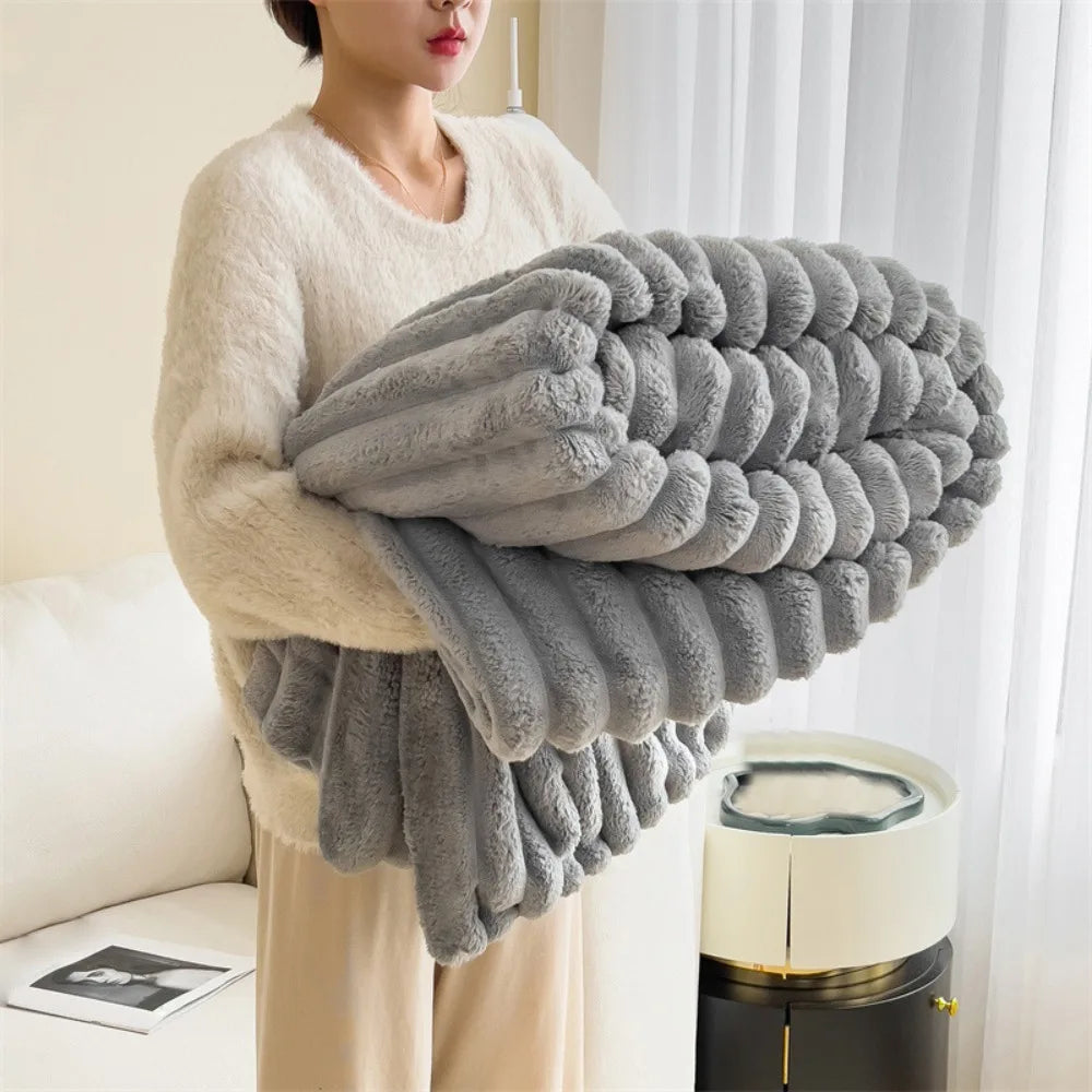 Plush Faux Rabbit Fur Throw - Luxurious Striped Blanket Decor