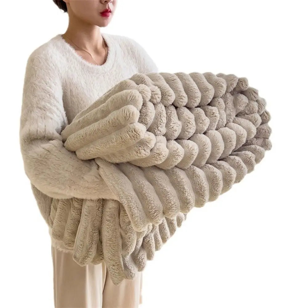Plush Faux Rabbit Fur Throw - Luxurious Striped Blanket Decor