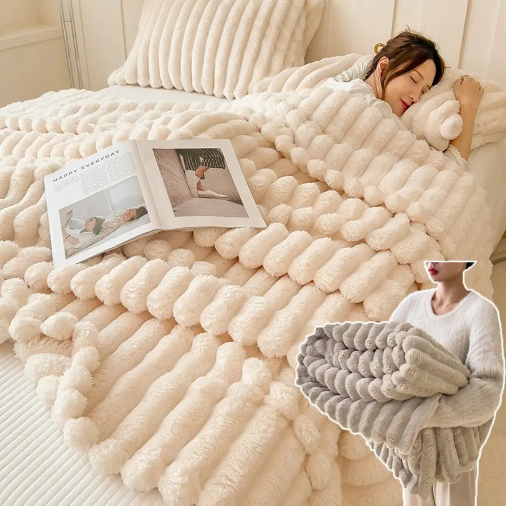Plush Faux Rabbit Fur Throw - Luxurious Striped Blanket Decor