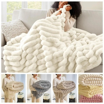 Plush Faux Rabbit Fur Throw - Luxurious Striped Blanket Decor