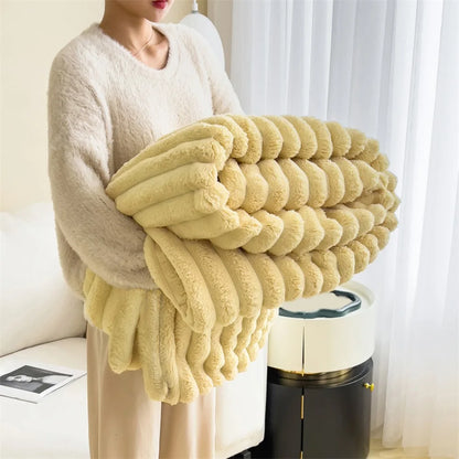 Plush Faux Rabbit Fur Throw - Luxurious Striped Blanket Decor